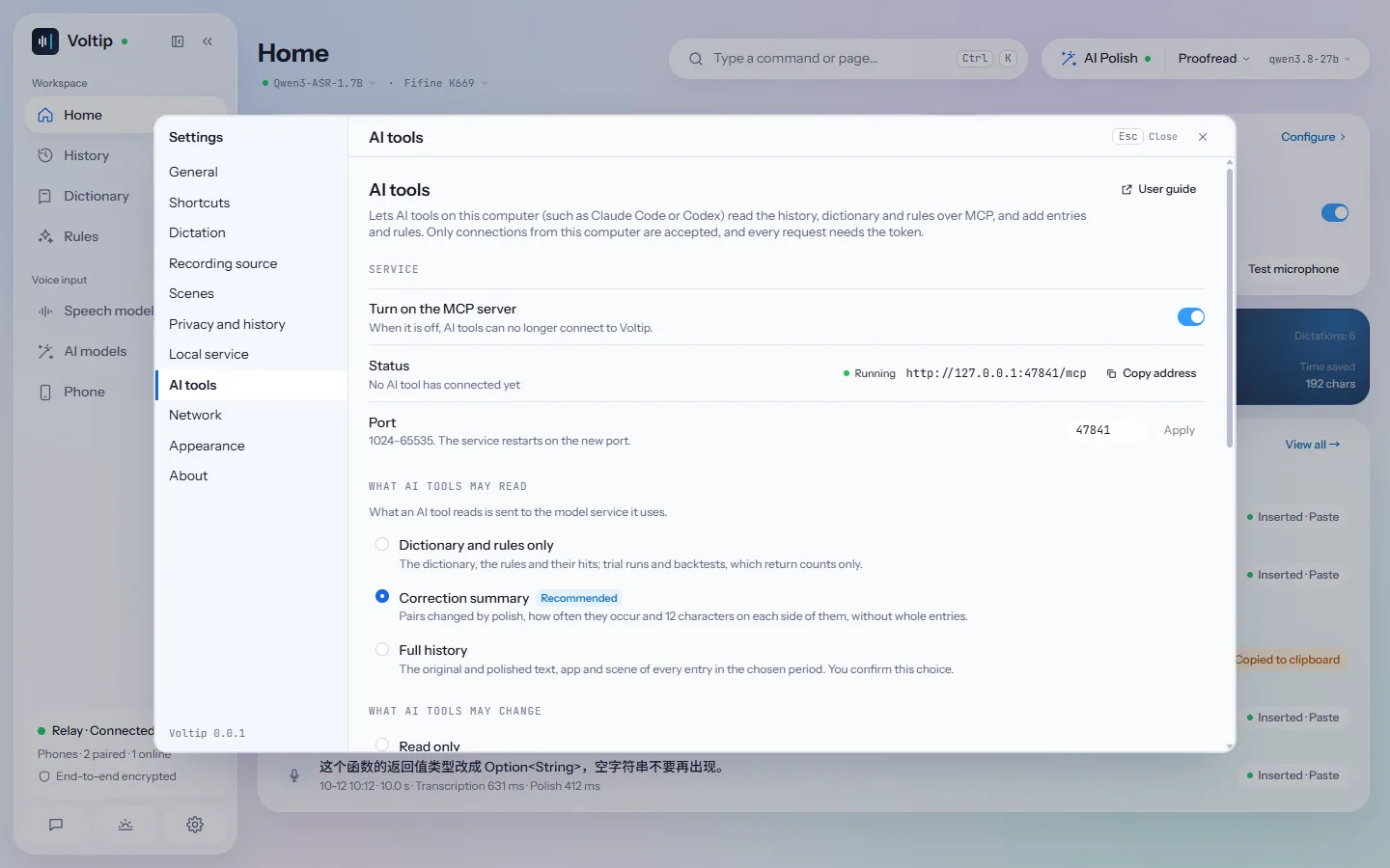 Settings → AI tools: the MCP server is on and running at http://127.0.0.1:47841/mcp; Correction summary is selected under What AI tools may read.